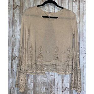 Women's Free People Split Back Linen Blend Beige Top Shirt Blouse Small Fairy